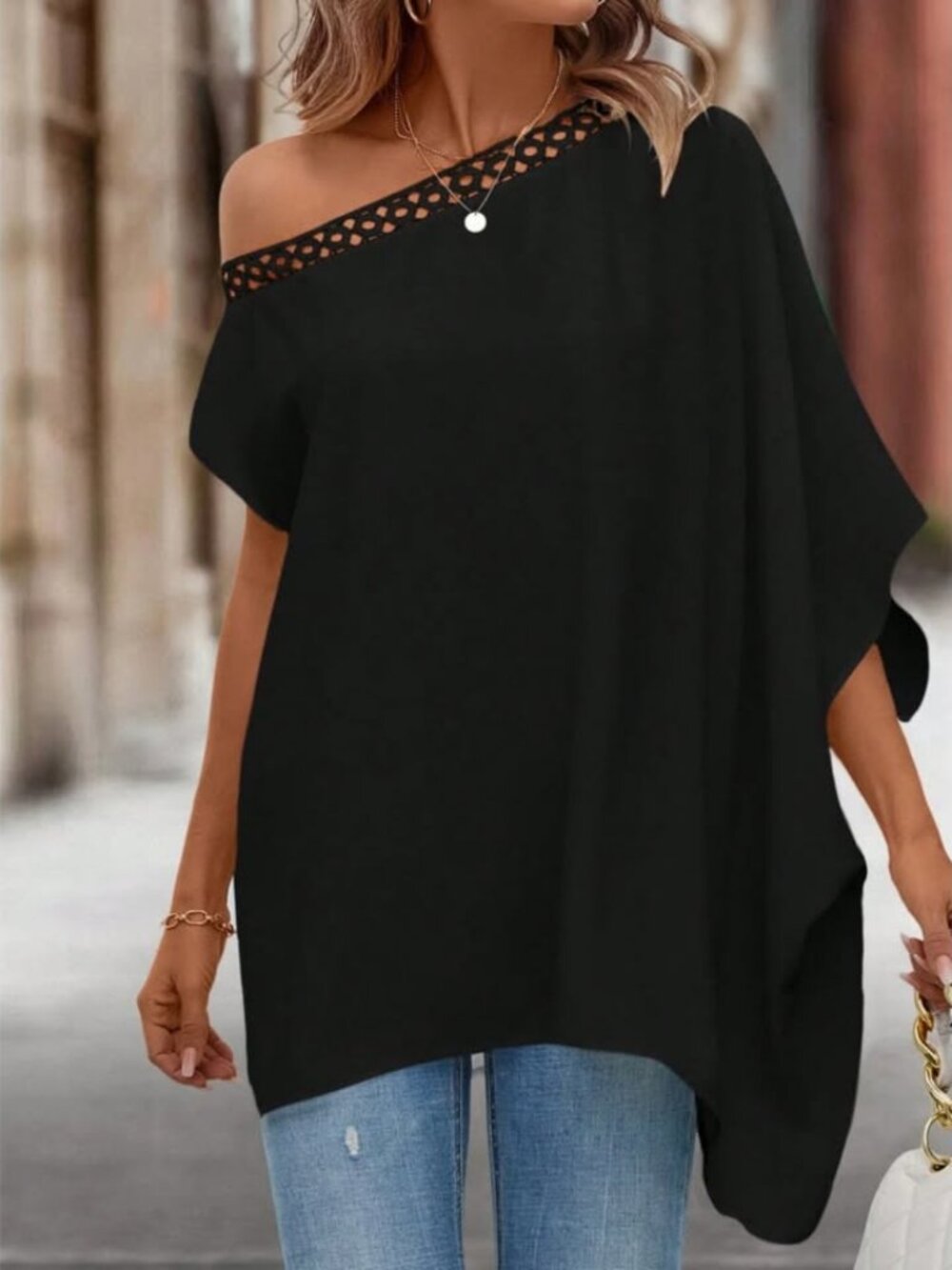 Off the shoulder, lace trim, flowy batwing top, XL